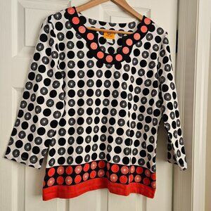 Ruby Rd Women's L Dress Shirt with‎ Circular Pattern White/Black/Red 3/4 Sleeves